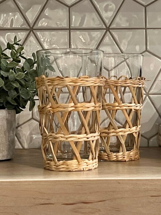 Other - Set of 2 Woven Seagrass Highball Glasses | Boho Coastal Drinkware